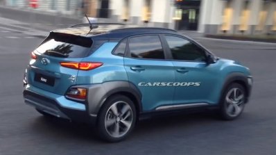 Hyundai Kona SUV blue spied rear three quarter during TVC shoot in Spain