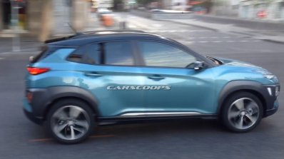 Hyundai Kona SUV blue spied side during TVC shoot in Spain