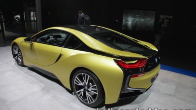 BMW i8 Protonic Frozen Yellow Edition rear three quarters left showcased at IAA 2017