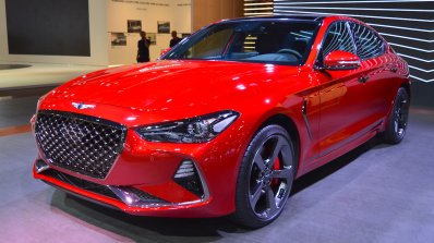 Genesis G70 with Sport Package front three quarters at 2017 Dubai Motor Show