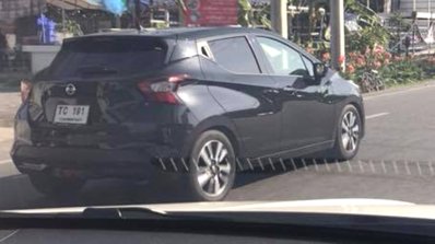 Fifth-gen Nissan Micra rear three quarters Thailand spy shot