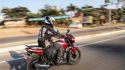 2018 Bajaj Discover 110 rear right quarter action first ride review