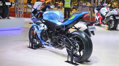2018 Suzuki GSX-R1000R Blue rear left quarter at 2018 Auto Expo