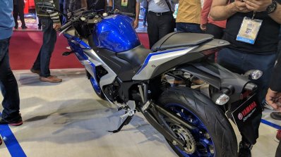 2018 Yamaha YZF-R3 Blue rear left quarter at 2018 Auto Expo