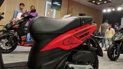 Aprilia Storm Red left body panel at 2018 Auto Expo