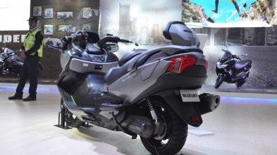 Suzuki Burgman 650 rear left quarter at 2018 Auto Expo