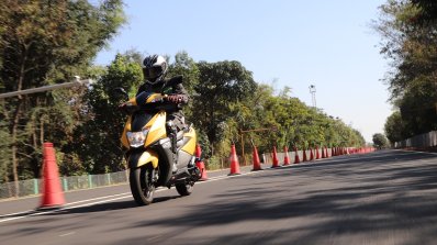 TVS Ntorq 125 front left quarter action first ride review