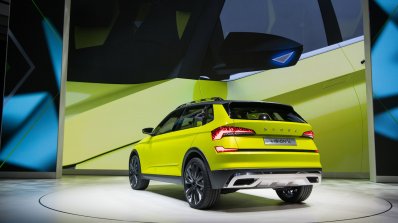 Skoda Vision X concept rear three quarters left side at 2018 Geneva Motor Show