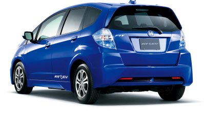 Honda Fit EV rear three quarters studio image