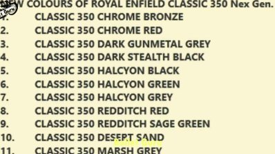 New Royal Enfield Classic 350 Colours Name