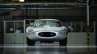 Lightweight Jaguar E-Type press image on factory floor front three quarter