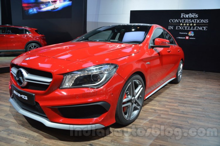 Mercedes CLA 45 AMG front three quarters at Auto Expo 2014