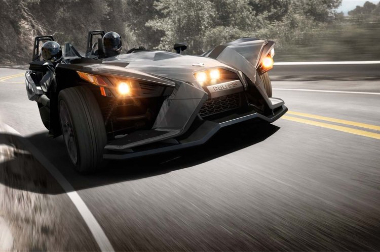 Polaris Slingshot three wheeler press shot front grey