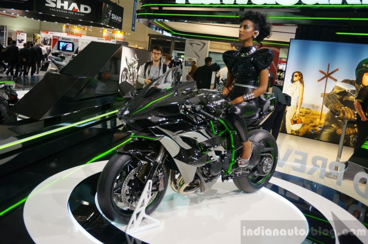 Kawasaki Ninja H2R front three quarters angle at INTERMOT 2014