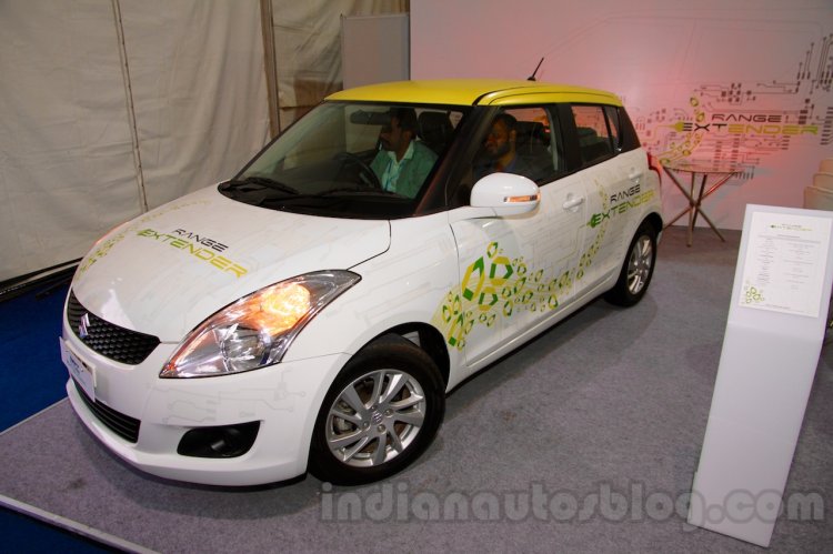 Maruti Swift Range Extender front three quarters at the International Green Mobility Expo