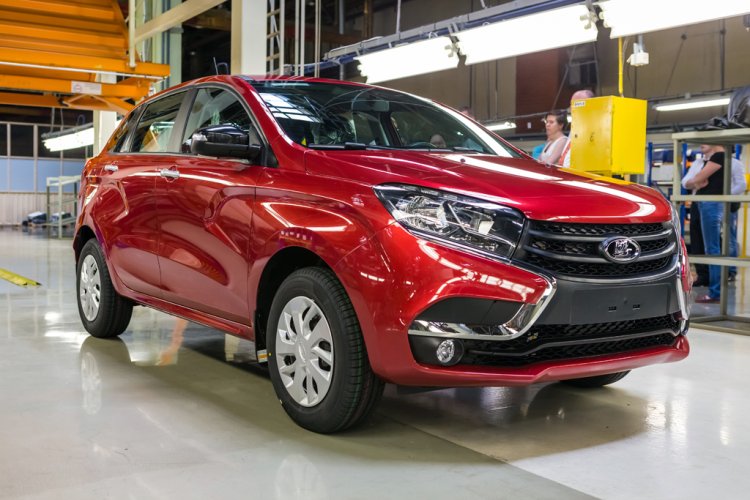 Lada XRAY hatchback front three quarter at the production plant