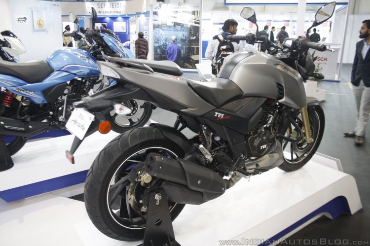 TVS Apache RTR 200 4V Matte Gray rear quarter at Make In India Week