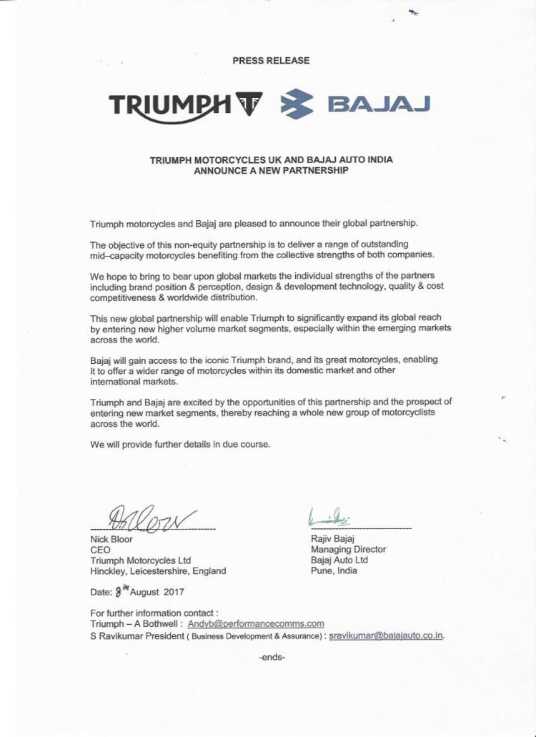 Bajaj Auto and Triumph Motorcycles announce a new partnership
