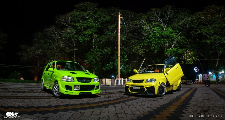 Modified Maruti Alto green and yellow front three quarters