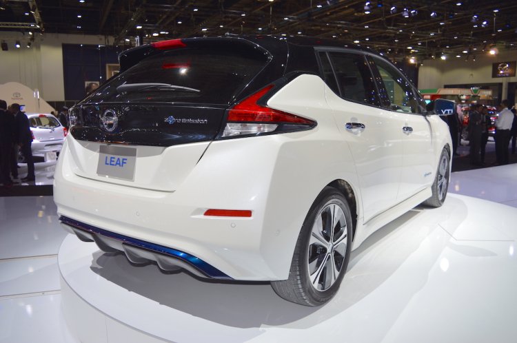 2018 Nissan Leaf rear three quarters right side at the 2017 Dubai Motor Show