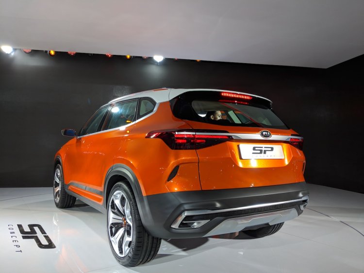 Kia SP Concept rear three quarters at Auto Expo 2018