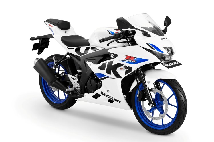 Suzuki GSX-R150 Brilliant White CW Vigor Blue colour variant press image
