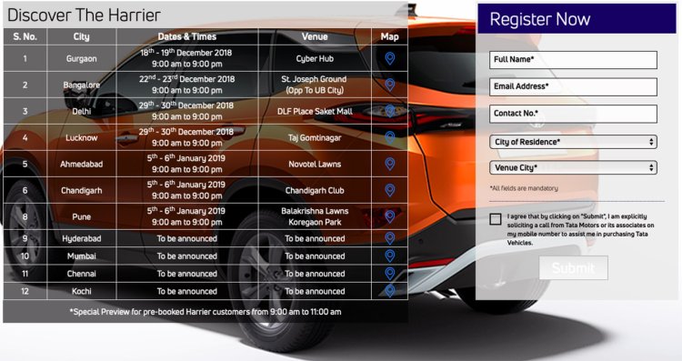 Tata Harrier Public Preview Schedule
