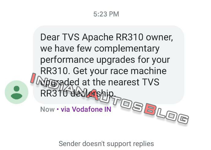 Tvs Apache Performance Upgrade Notification Sms By