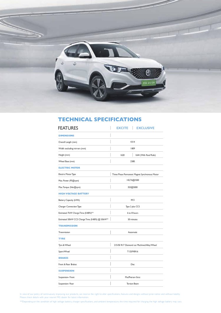 MG ZS EV Specifications - Dimensions, Configurations, Features, Engine cc