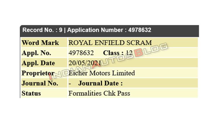 Royal Enfield Scram Trademark Application