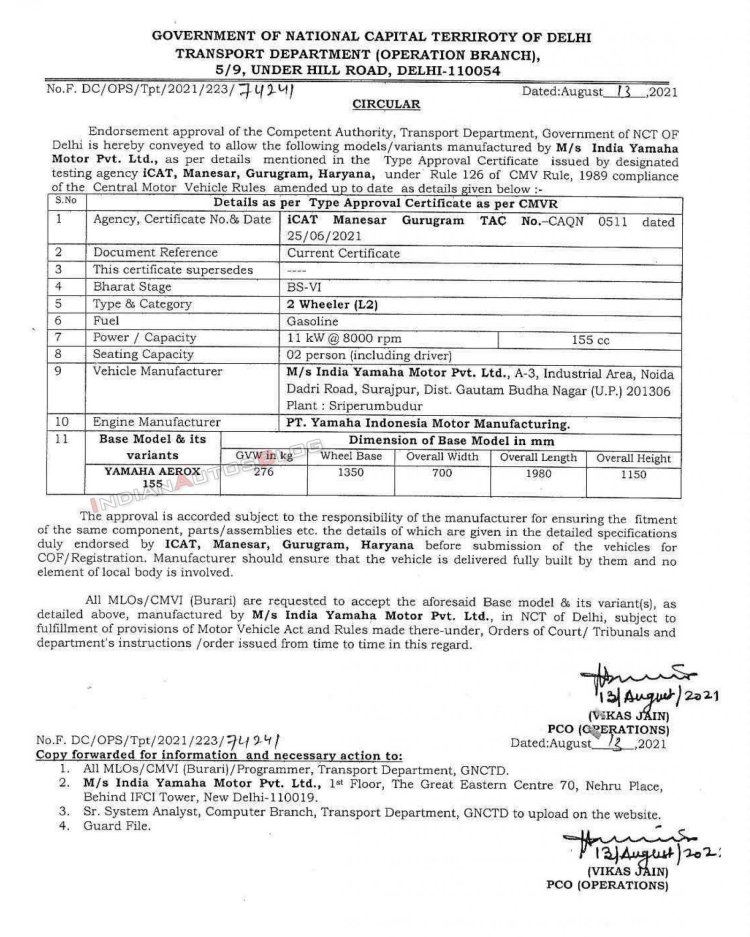 Yamaha Aerox 155 Type Approval Doc