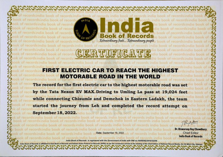 India Book Of Record Certificate For Tata Nexon Ev