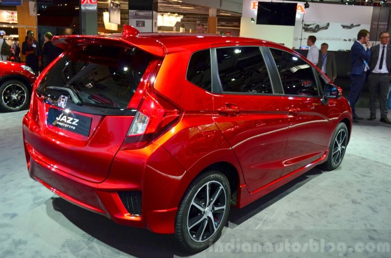 2015 Honda Jazz prototype for Europe rear right three quarter at 2014 Paris Motor Show