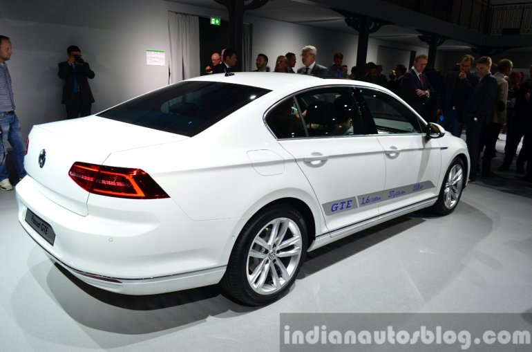VW Passat GTE rear three quarters at the 2014 Paris Motor Show