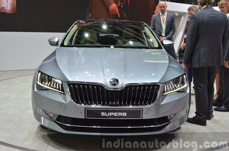 2015 Skoda Superb front view with DRL at 2015 Geneva Motor Show