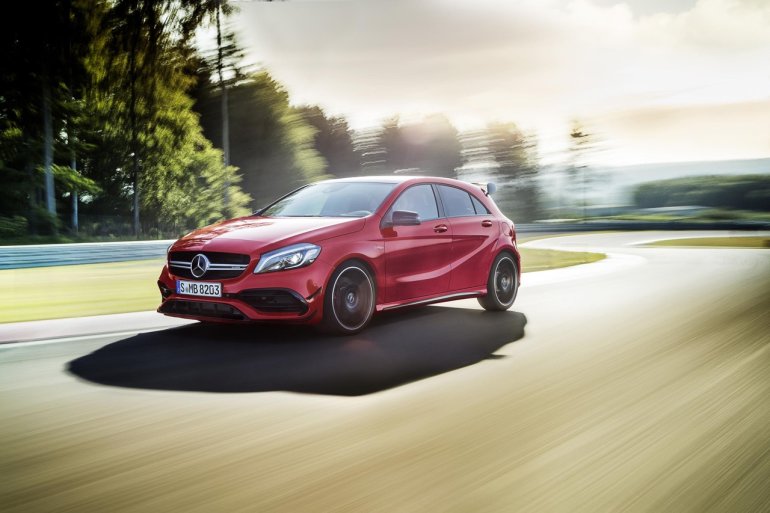 2016 Mercedes A Class AMG Line (facelift) front quarter (1) revealed press image