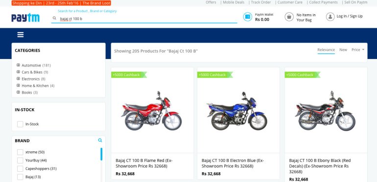 Bajaj CT100B priced at INR 27,668 on Paytm