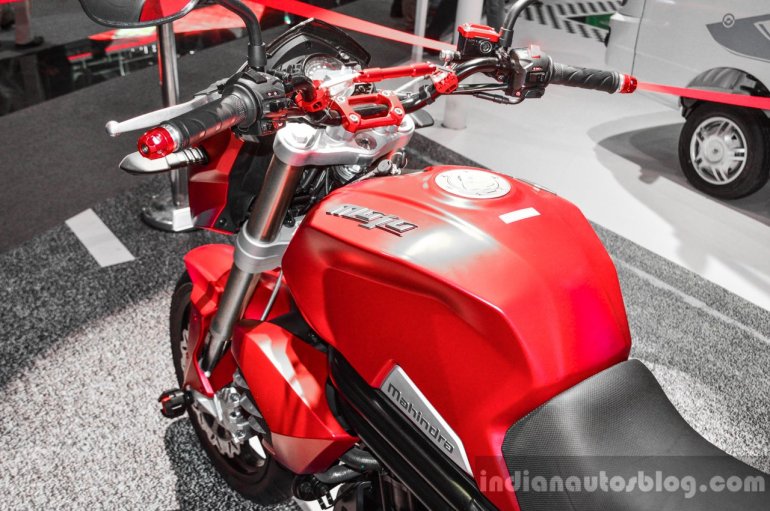 Mahindra Mojo accessories matte red handlebar add-ons at Auto Expo 2016