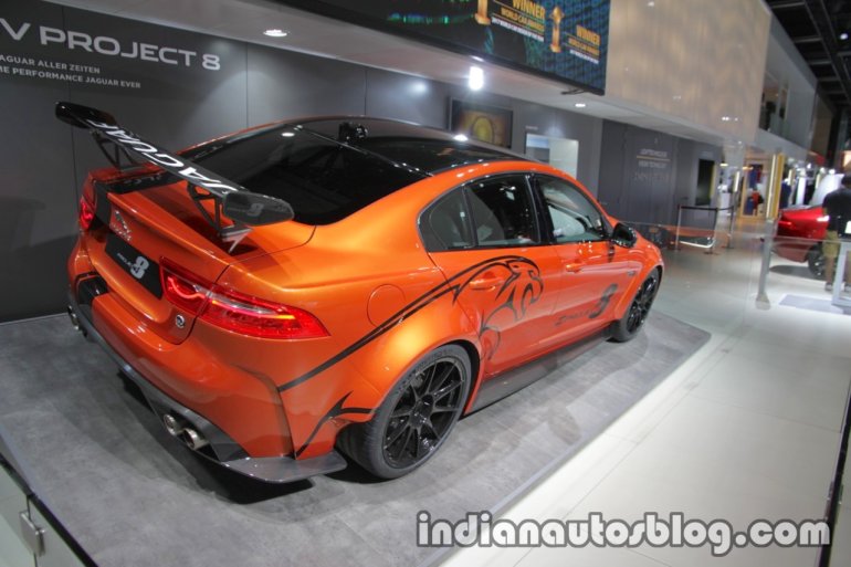 Jaguar XE SV Project 8 rear three quarters at the IAA 2017