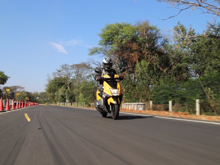 TVS Ntorq 125 front right quarter action first ride review