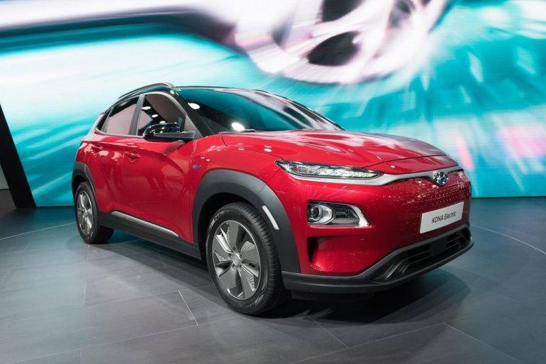Hyundai Kona Electric red front three quarters right side at 2018 Geneva Motor Show